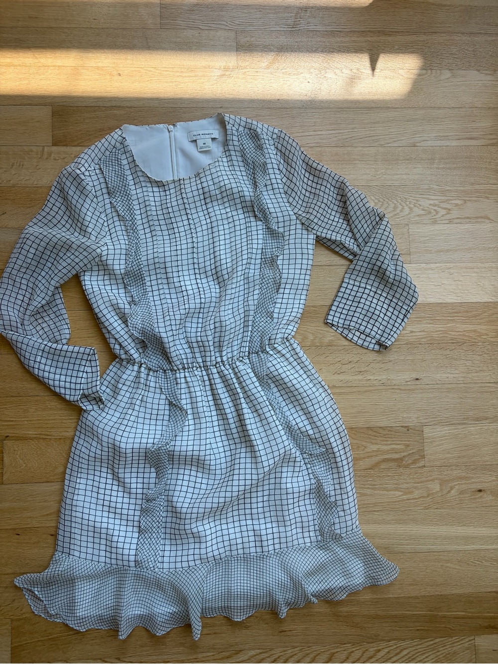 Club Monaco White Grid Ruffle Waist Dress